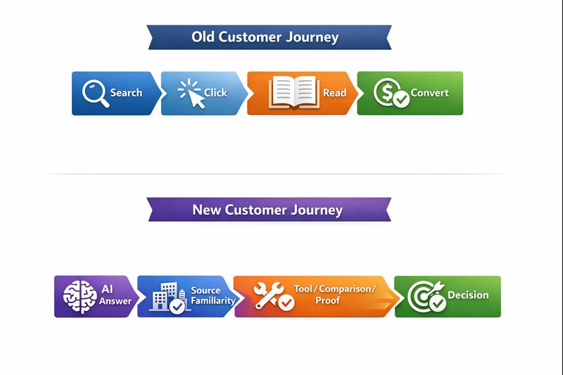 The 2026 customer journey: traditional search funnel vs AI-mediated discovery and decision journey